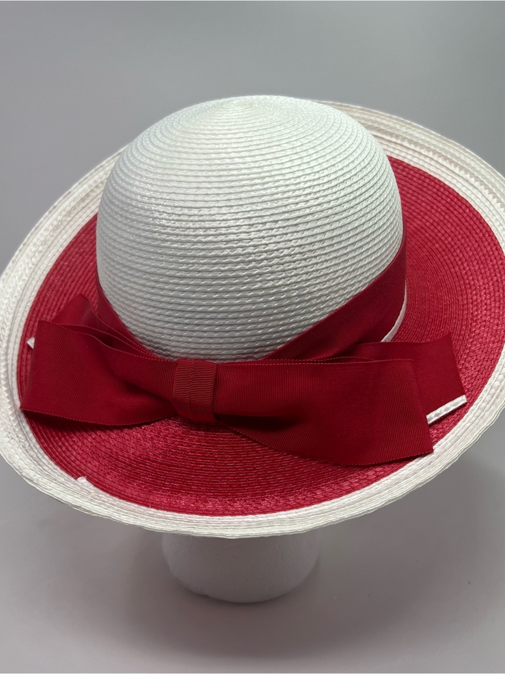Vintage Sandra New York Hat Red White Brim Back Bow Vintage Derby Church Hat